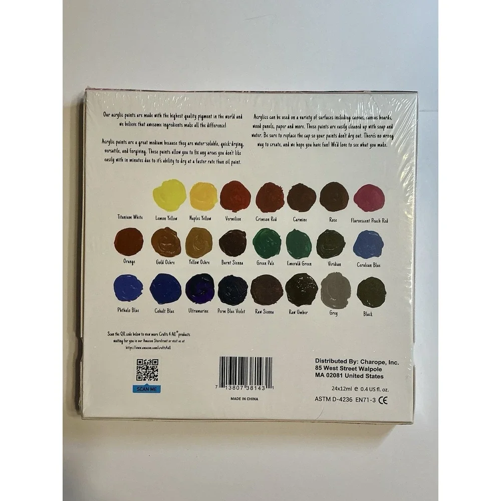 CRAFTS 4 ALL - 24 Acrylic Paint Set + 3 Brushes, 0.4 oz Each